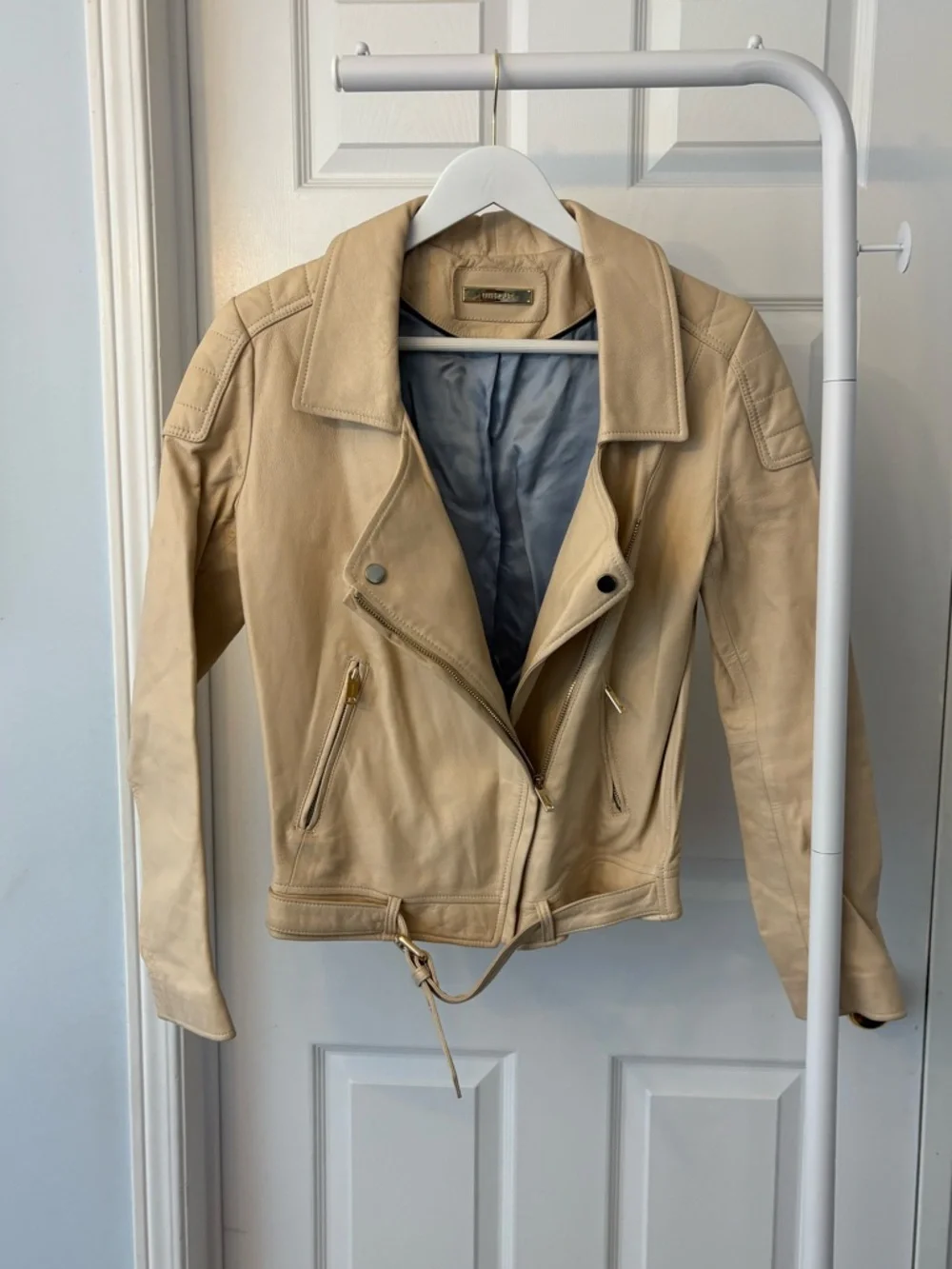Uterque Cream Sheep Leather Jacket Blue Lining With Gold Hardware Size Small - Picture 12 of 16